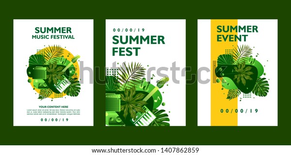 Set of\
summer poster design template with tropical leaves. For music\
festival, event and party on white\
background
