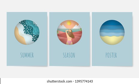 Set of Summer poster on background concepts in paper cut style. For background, wallpaper, banner, flyer, brochure, poster, invitation card or web template. Vector illustration.