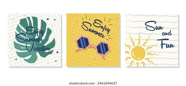 Set of summer poster with the sun, sunglasses, and monstera leaf on a checkered background, vector illustration. The set is great for a vacation poster, card, or banner template.