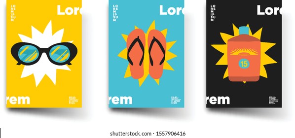 Set of summer, poster with sunglasses, flip flops and sunscreen. Vector modern flat design