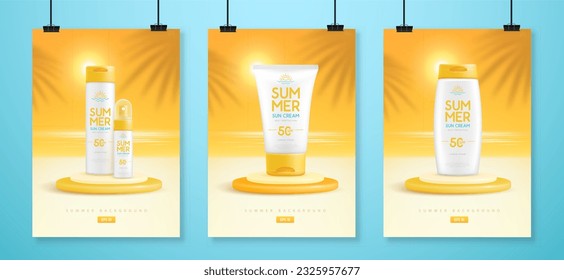 Afiches de verano con estadios 3d, tubos de protección solar y paisaje oceánico. Colorida escena veraniega. Ilustración del vector