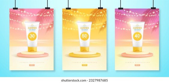 Set of summer posters with 3d stage, sunscreen tubes and ocean landscape. Colorful summer scene. Vector illustration