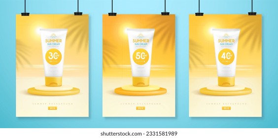 Afiches de verano con estadios 3d, tubos de protección solar y paisaje oceánico. Colorida escena veraniega. Ilustración del vector