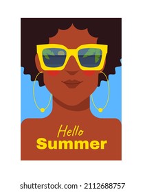 Set of summer posters. African American girl in sunglasses. Ethnic characters with traditional decorations. Friendly model. Stylish design of website of travel agency. Cartoon flat vector illustration
