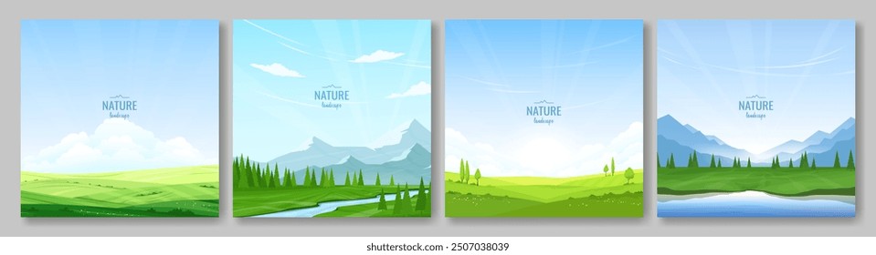 Set of summer posters. Agricultural field, river flowing through the valley, mountains and forest, blue sky, sunny day. Design for postcard, poster, cover. Vector images.