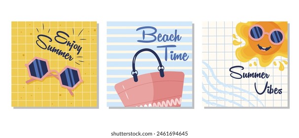 Set of summer posters with beach bag, sunglasses, and smiling sun. The set is great for poster sets for social media, web design, or print posters. Vector illustration.