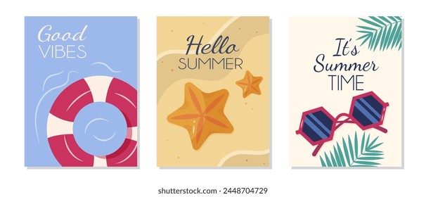 Set of summer posters with beach elements like a life ring and sunglasses. Vector illustrations for social media, Instagram stories or web banners with the text "Good vibes" and "Hello Summer".