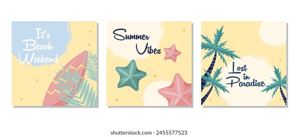 Set of summer posters with beach elements, palm trees, surfboard, and starfish on a yellow background. Flat vector illustrations for social media, digital marketing, or advertising.