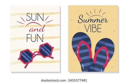 Conjunto de carteles de verano con zapatillas de playa y gafas de sol. Plantilla de diseño de póster de vacaciones de verano para Anuncio de Web, volante, póster publicitario o tarjeta de felicitación. Es un juego de Ilustración vectorial.