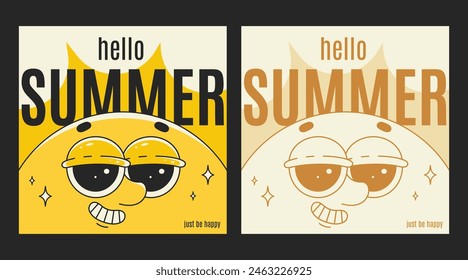 Set of summer posters or cards in retro groovy style with cute and smiling sun character. Square vector illustrations