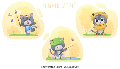 Set of summer posters with cute gray cat fishing, catching fish, with harvest of apples, butterfly net on yellow background. Vector illustration for postcard, banner, web, design, arts, calendar.