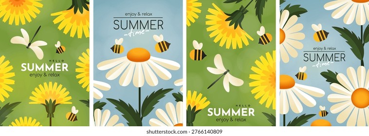 Set of summer posters with dandelions and daisies, bees and dragonflies. Vertical flat illustrations for banners, posters, advertisements, or flyers.