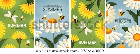 Set of summer posters with dandelions and daisies, bees and dragonflies. Vertical flat illustrations for banners, posters, advertisements, or flyers.