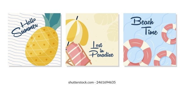 Set of summer posters with summer elements, pineapple and umbrella Vector illustrations with pastel colors in the style of trendy summer concepts for print, social media post templates, banners