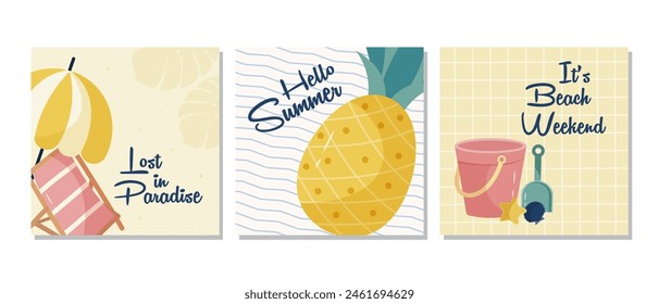  Set of summer posters with featuring a pineapple, bucket or sandcastle on a checkered background, sun lounger, and umbrella. Summer season poster template for social media post, print, or web design.