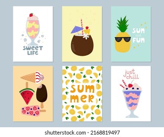 Set of summer posters with hand drawn lettering. Cartoon tropical fruit, ice cream, milkshake. Template for poster, banner, greeting card, cover book.
