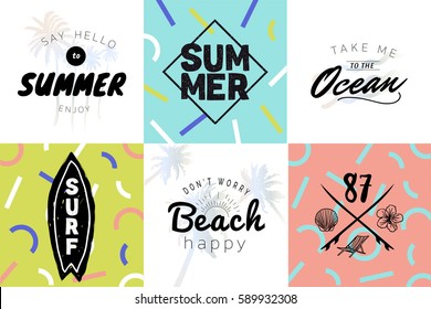 Set of summer posters. Hand drawn summer holidays vector illustration. Fashion print, T-shirt, greeting card,  vacation posters and banner design.  