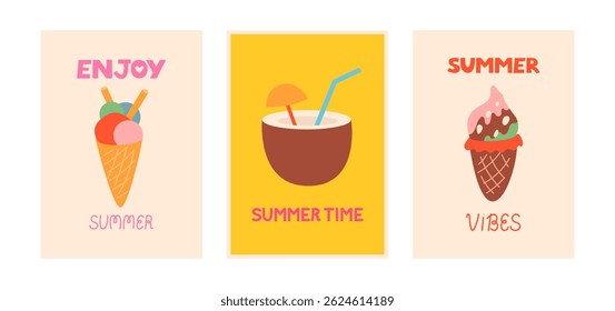Set of summer posters with ice cream cones and coconut cocktail. Vector flat illustration with summer lettering quotes. Vacation, travel concept. 