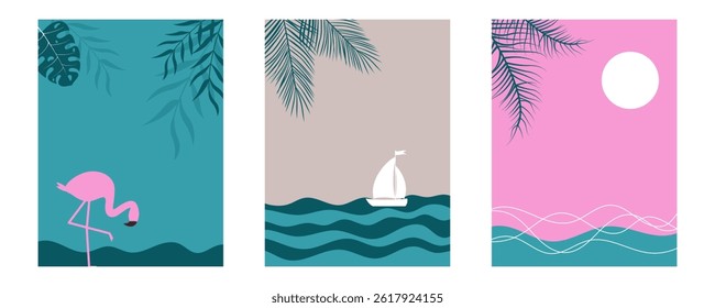 set of summer posters with ocean waves and tropical leaf