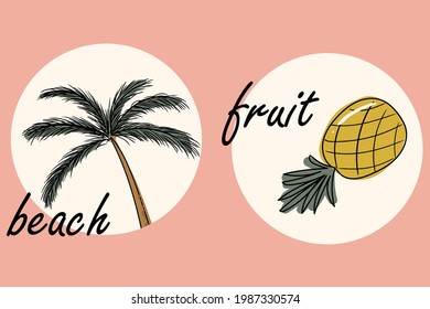 set of summer posters. palm tree with pineapple. suitable for stickers, postcards, business cards, advertisements