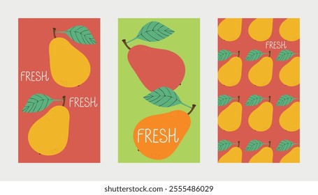 Set of summer posters with pears. Vector illustration for poster, card, print, background, wallpaper, banner, advertising, label.	