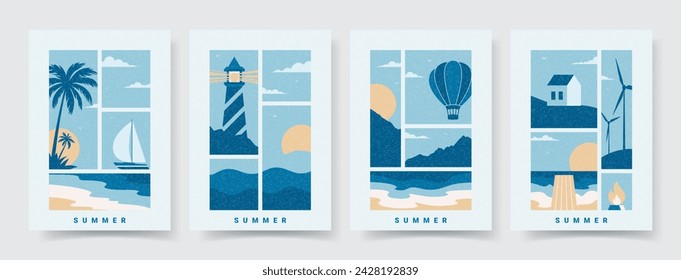 Conjunto de carteles de verano con paisaje marino. Tarjetas de estilo plano minimalista para la decoración de viajes de verano, vacaciones, vacaciones. Tarjetas vectoriales con las costas del mar y del lago, montañas, palmeras, sol. Fundas de moda.