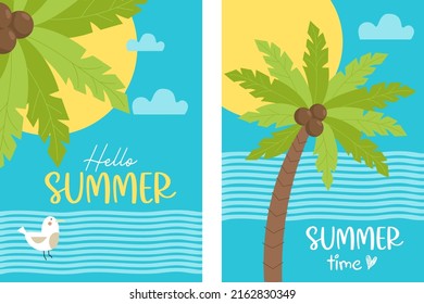Set of summer posters with sea, palm trees and seagull. Vector illustration. Tropical beach vertical cards Hello Summer and Summer time for flyers, postcards, advertising and travel brochures