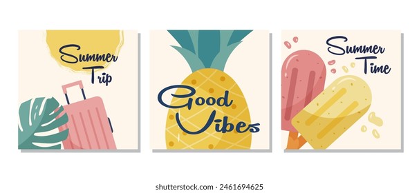  Set of summer posters with a suitcase, pineapple, and popsicle ice cream on a beige background. Summer trip concept, vector illustration.