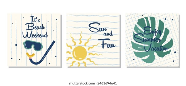 Set of summer posters with the sun, monstera leaf, and scuba mask on a white background.