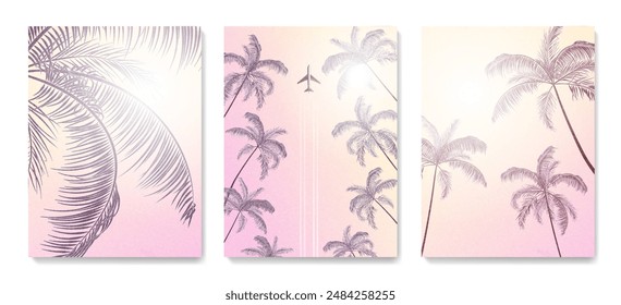 Set of summer posters with tropical palm trees and airplane at sunset. Vector background for holiday, vacation, print, textile, wallpaper, interior, holiday, cover, flyer.