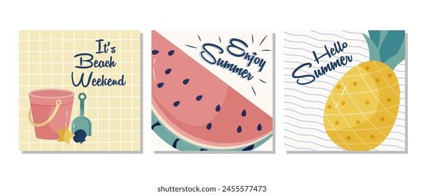 Set von Sommerplakaten mit Wassermelone, Strandeimer und Spielzeug und Ananas. Vorlage der Grußkarte. Das Set eignet sich hervorragend für Karten, Broschüren, Flyer und Werbeplakat-Vorlagen. Vektorillustration.