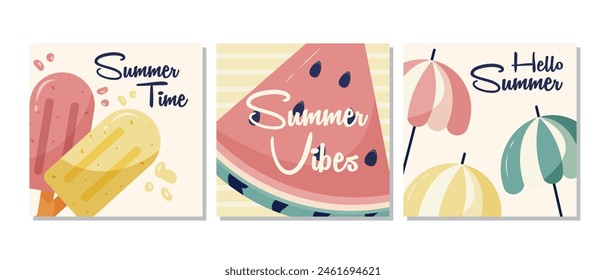 Set of summer posters with watermelon, ice cream, and beach umbrella. Vector Illustration, pastel color palette, minimalistic design.