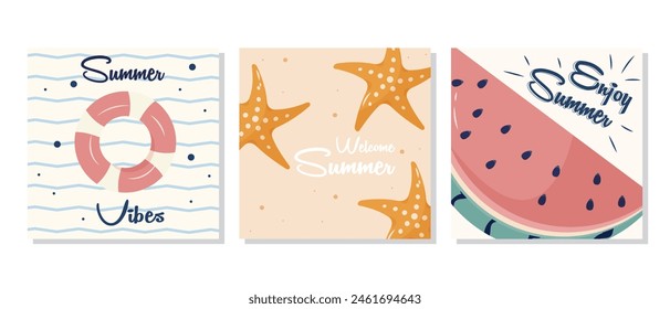 Set of summer posters with watermelon, lifebuoy, and starfish. The set is great for a social media post or card template., vector Illustration, with cute minimalistic flat style, and pastel colors.