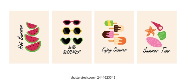 Set of summer posters with watermelon, sunglasses, ice cream, seashells, phrases Summer. Vector illustration for printing interior posters with bright summer elements.