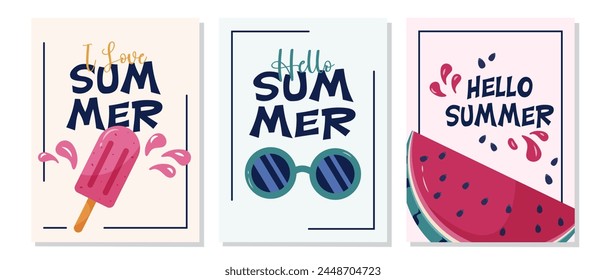 Set of summer posters with watermelon, sunglasses and ice cream on a white background as flat vector illustrations. The set collection could be used for designing greeting cards, posters or banners.

