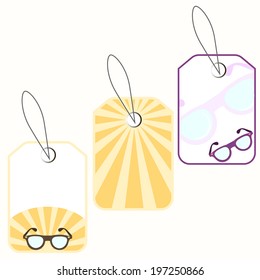 Set of summer price tags and labels with sunglasses and beams. Here you can write the price, promotions, discounts. Vector illustration. Abstract pattern.