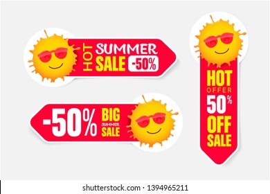 Set of summer pricetags with smiling sun in sunglasses.  Vector elements for discount tags, promotion 
stickers, lables, flyer, banner and poster design.