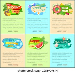 Set of summer promo posters with exotic fruits and summertime accessories. Vector banners with pineapple, watermelon, orange and sunglasses, lifebuoy
