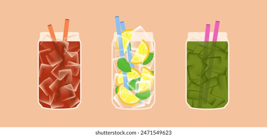 Set of summer refreshing beverages. Collection of soft drinks like iced coffee, ice matcha tea and water with lemon. Vector illustration