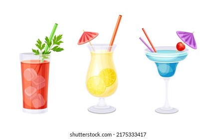 Set of summer refreshing cocktails cartoon vector illustration