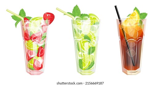 A set of summer refreshing cocktails, classic Mojito with lime, Mojito with strawberries, ice and mint, Long Island cocktail with lemon.Vector illustration.The concept of drinks.