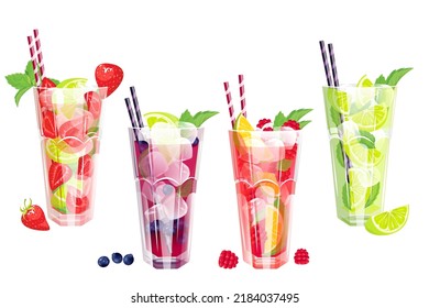 Un conjunto de cócteles refrescantes de verano, Mojito clásico con lima, Mojito con fresas, frambuesas, mojito con arándanos.Ilustración vectorial.El concepto de bebidas.