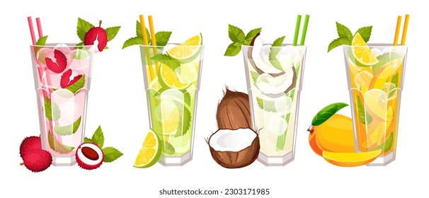 A set of summer refreshing cocktails, classic mojito with lime, with lychee, mango mojito,coconut mojito.Vector illustration.