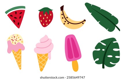 set of summer refreshing items in a flat style. Beach elements for a tropical vacation. Minimalistic geometric style. watermelon, ice cream, palm leaves. An isolated illustration.