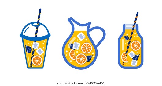 Set of summer refreshment drink and lemonade in a jar, jug, plastic cup with lead.  Lemon, ice, mint  , beverage, bubble tea or  smoothie. Vector illustration.