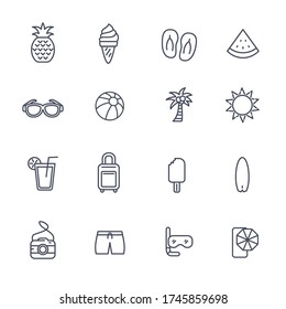 Set of summer related icons in simple black line design such as ice cream, watermelon and more isolated on white background 