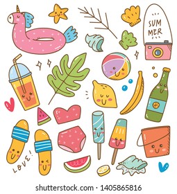 Set of summer related object in kawaii doodle