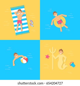 Set summer rest on beach. Man rest on sand and sea