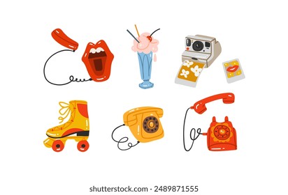 Set of summer retro cartoon 80s-90 snostalgia elements. Hand drawn retro Icons collection set with retro phones,roller skates,ice cream and vintage camera. Nostalgia set of 1990s,1980s modern symbols.