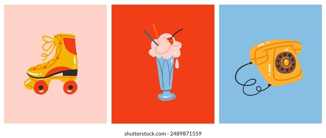 Set of summer retro cartoon 80s-90 snostalgia elements. Hand drawn retro Icons collection set with retro phones,roller skates,ice cream and vintage symbols.Nostalgia set of 1990s,1980s modern symbols.